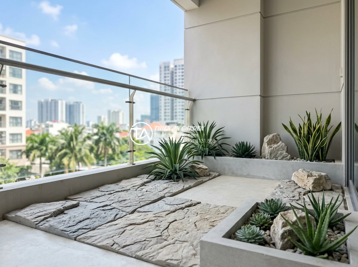Top 10 loại cây chịu nắng cực tốt phù hợp với tiểu cảnh đá ban công - Modern minimalist balcony design with sleek natural stones and sun-tolerant plan