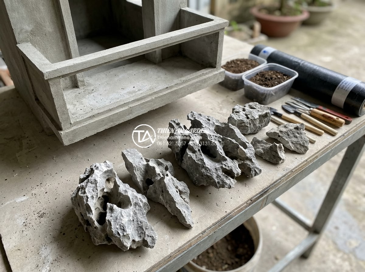 Top 10 loại cây chịu nắng cực tốt phù hợp với tiểu cảnh đá ban công - Step-by-step construction view of modern stone balcony miniature garden with int