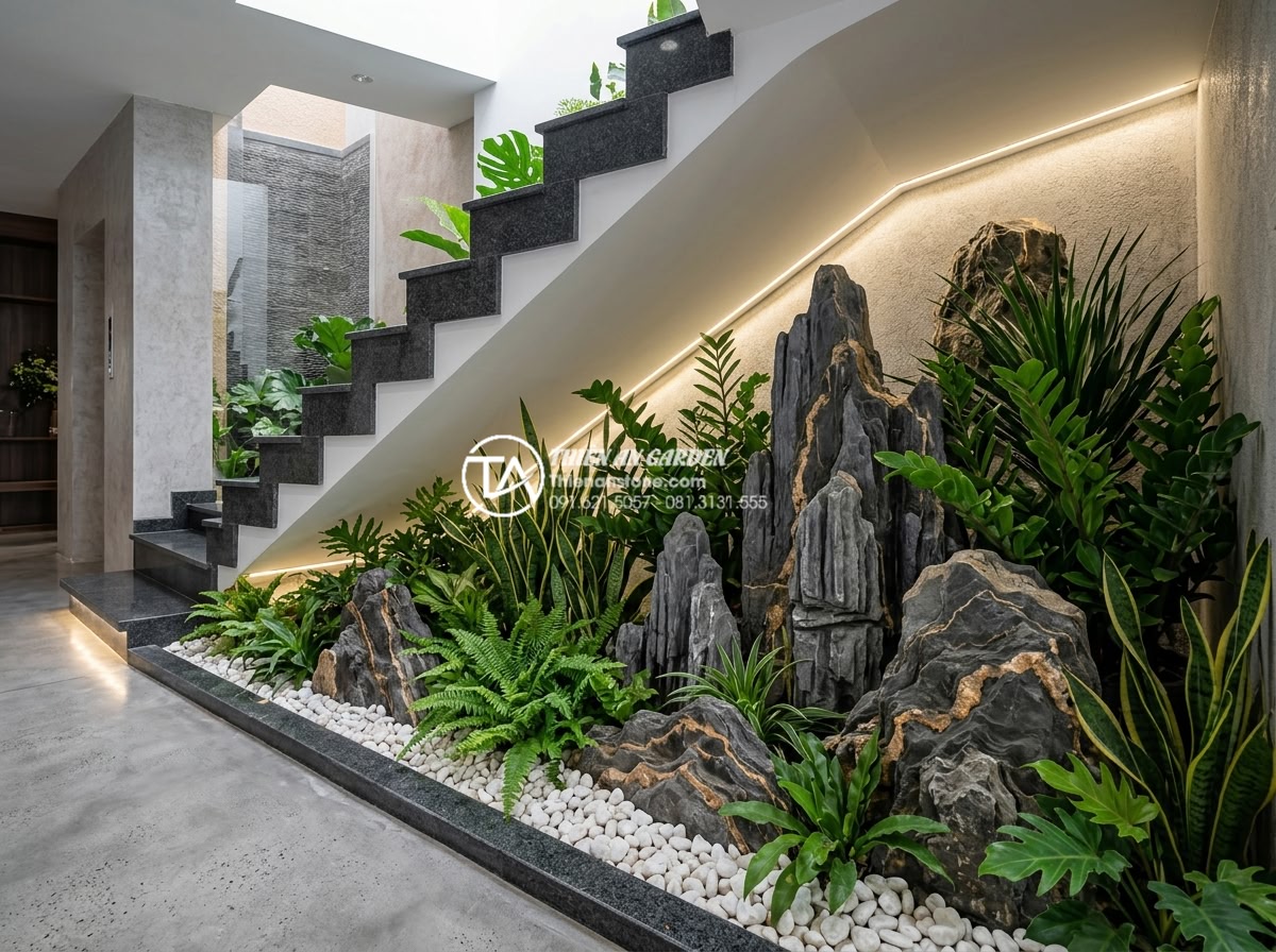 Top 10 loại cây trồng dưới gầm cầu thang không cần nắng vẫn xanh tốt - Professional realistic photograph of a beautifully designed under-stair garden i