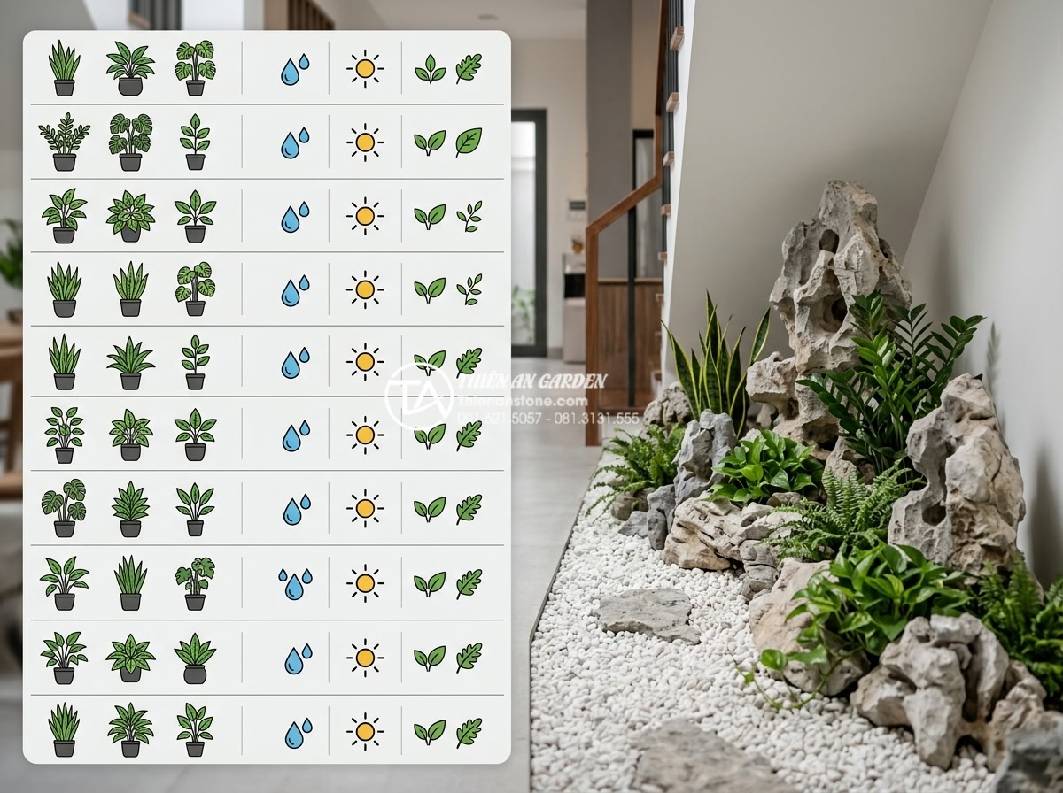 Top 10 loại cây trồng dưới gầm cầu thang không cần nắng vẫn xanh tốt - Clean infographic-style comparison chart of the top 10 low-light plants with ico