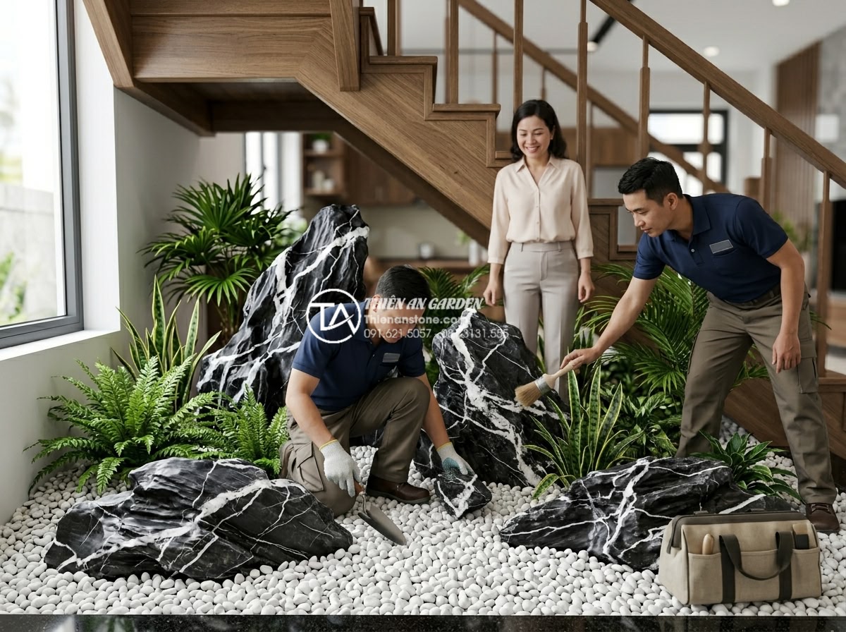 Top 10 loại cây trồng dưới gầm cầu thang không cần nắng vẫn xanh tốt - Professional team photo of Đá Cảnh Thiên An experts installing a beautiful under