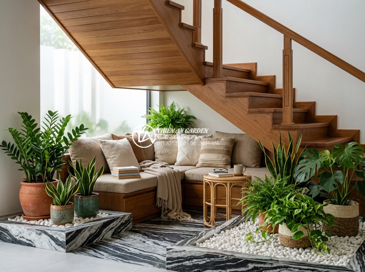 Top 10 loại cây trồng dưới gầm cầu thang không cần nắng vẫn xanh tốt - High-resolution lifestyle photo showing a family enjoying a cozy under-stair rea
