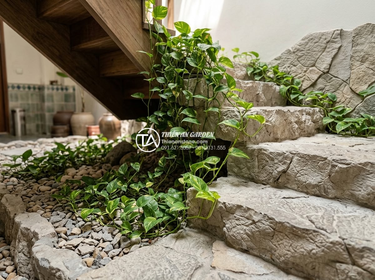 Top 10 loại cây trồng dưới gầm cầu thang không cần nắng vẫn xanh tốt - Lush trailing Pothos (Epipremnum aureum) vines cascading down natural limestone 