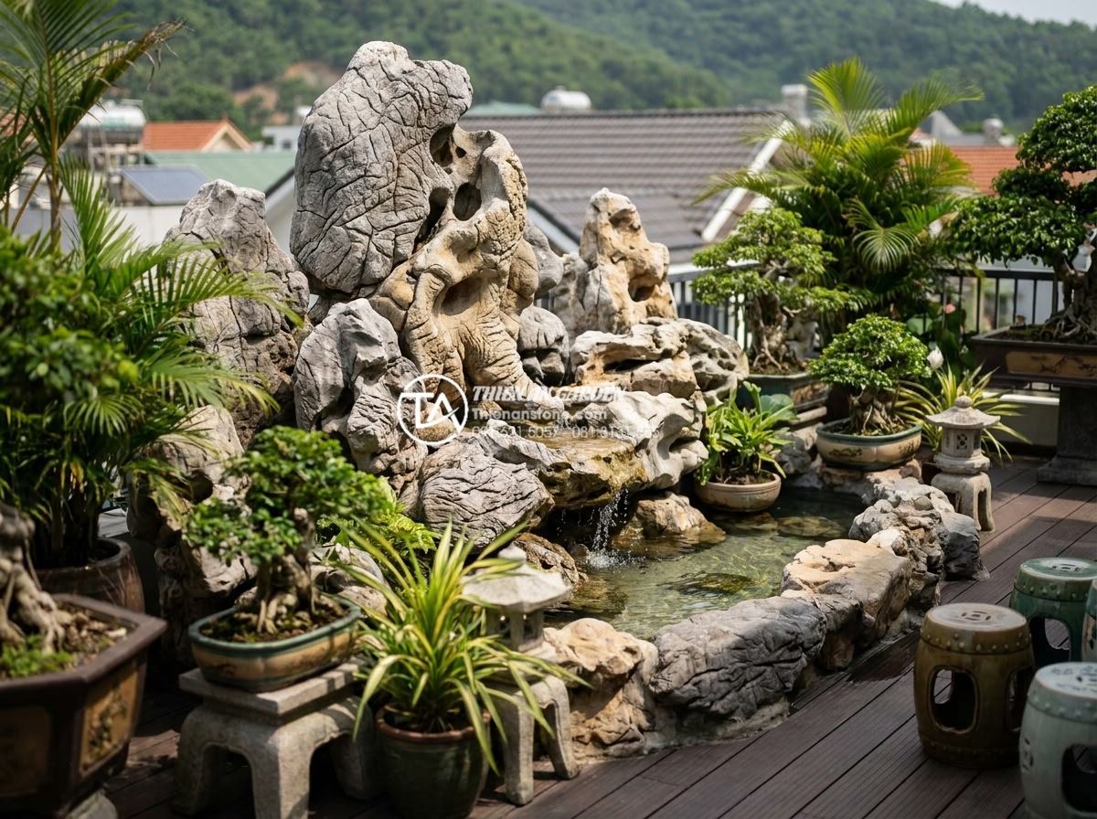 Top 10 loại đá tự nhiên chuyên dụng cho tiểu cảnh trên sân thượng - Hình 24 Top 10 loại đá tự nhiên chuyên dụng cho tiểu cảnh trên sân thượng - Luxurious marble rockery and decorative elements in terrace garden design