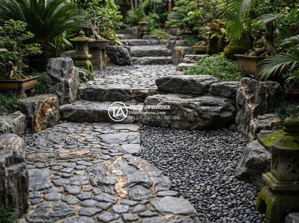 Top 10 loại đá tự nhiên chuyên dụng cho tiểu cảnh trên sân thượng - Hình 26 Top 10 loại đá tự nhiên chuyên dụng cho tiểu cảnh trên sân thượng - Beautiful pebble pathway and gravel areas in completed terrace landscape with va