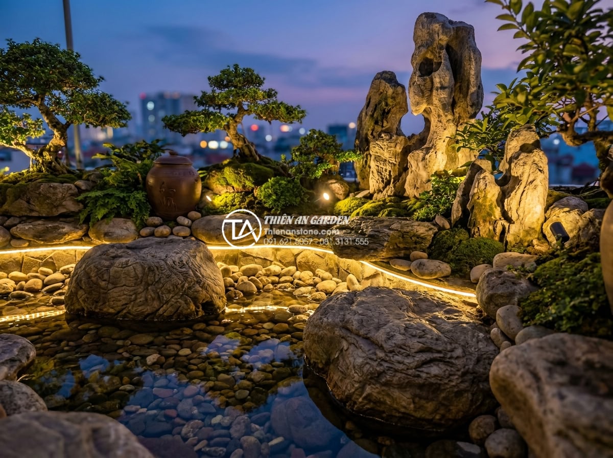 Top 10 loại đá tự nhiên chuyên dụng cho tiểu cảnh trên sân thượng - Hình 3 Top 10 loại đá tự nhiên chuyên dụng cho tiểu cảnh trên sân thượng - Vibrant natural stone elements in a rooftop miniature landscape including boulde