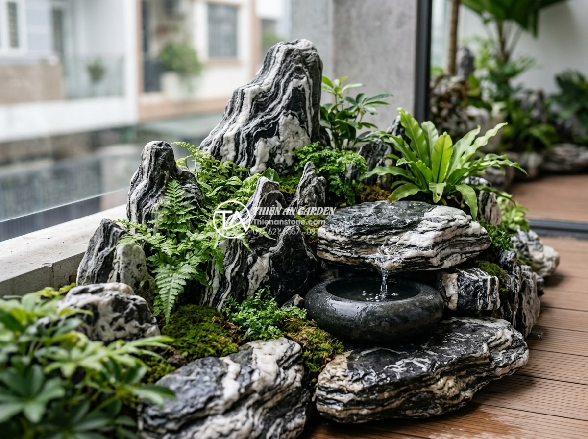 Top 5 loại đá tự nhiên được ưa chuộng nhất trong tiểu cảnh ban công - Detailed close-up view of various natural stones arranged in a modern balcony mi