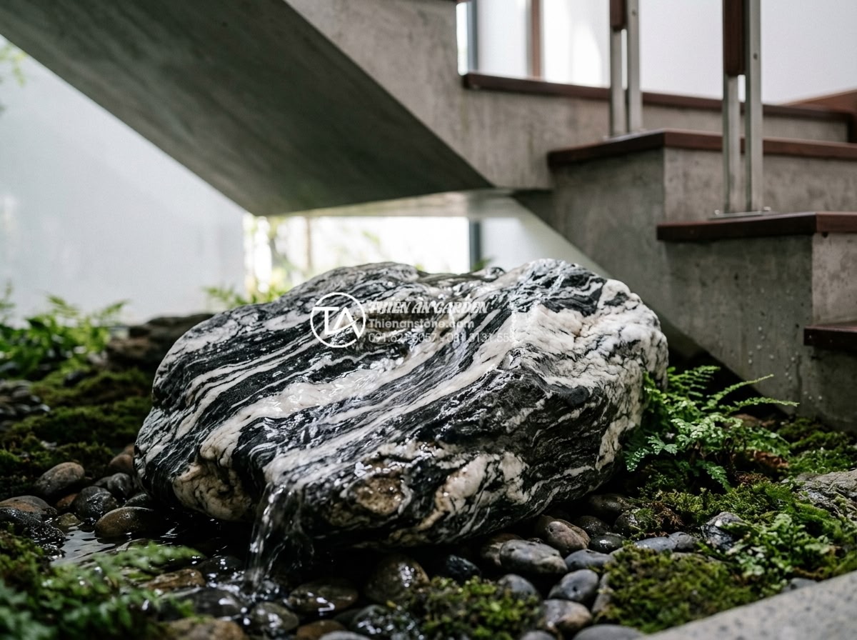 Top 5 loại đá tự nhiên trang trí tiểu cảnh gầm cầu thang đẹp nhất - Detailed close-up of water absorbing natural stone in small landscape feature un