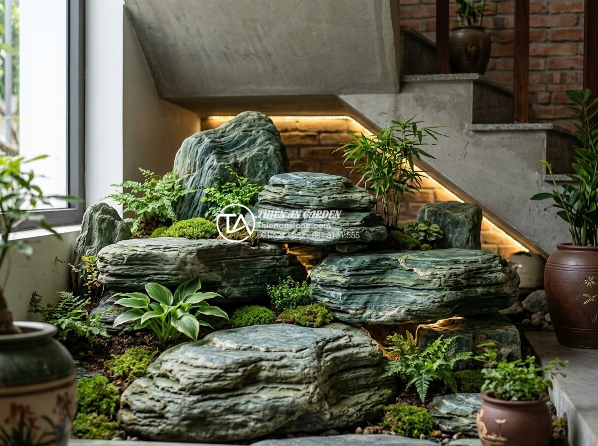 Top 5 loại đá tự nhiên trang trí tiểu cảnh gầm cầu thang đẹp nhất - Layered slate natural stones stacked artistically in under-stair rockery landsca