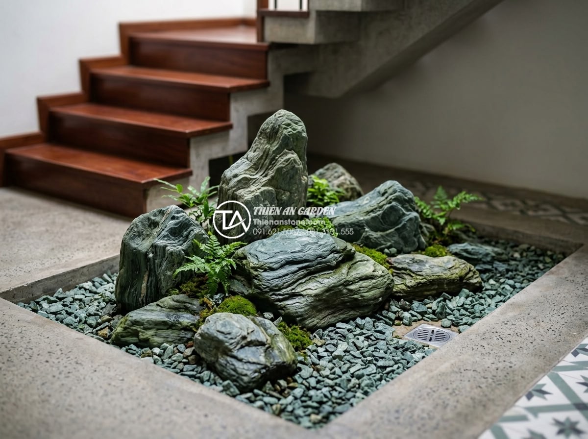Top 5 loại đá tự nhiên trang trí tiểu cảnh gầm cầu thang đẹp nhất - Clean and well-maintained natural stone indoor small scene under stairs with pro