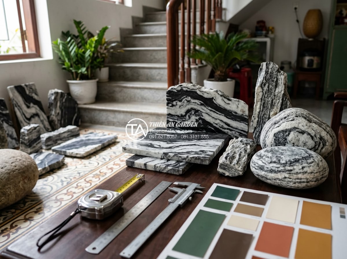 Top 5 loại đá tự nhiên trang trí tiểu cảnh gầm cầu thang đẹp nhất - Various natural stone samples displayed for under stair landscape selection incl