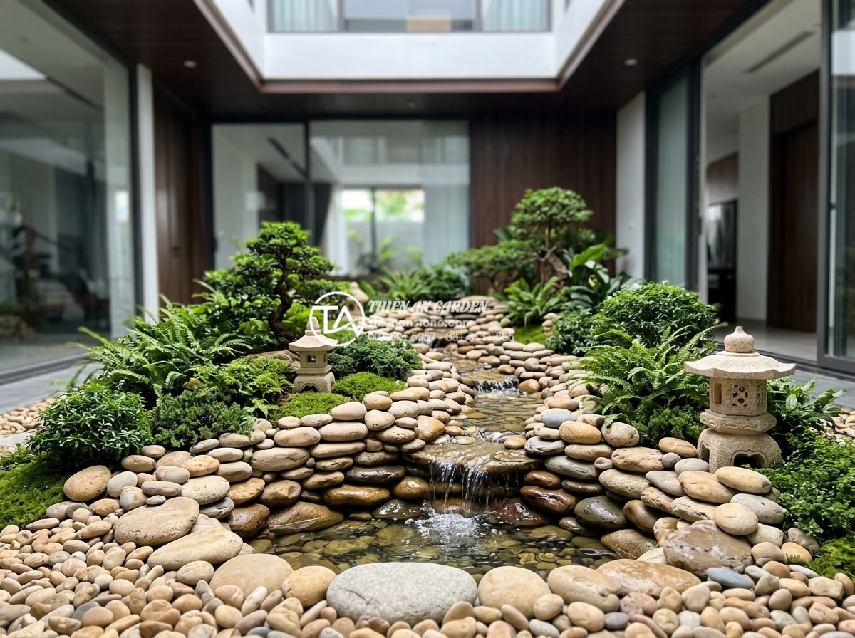 Tư vấn vị trí đặt tiểu cảnh giếng trời trước nhà và giữa nhà chuẩn phong thủy - Hình 1 Tư vấn vị trí đặt tiểu cảnh giếng trời trước nhà và giữa nhà chuẩn phong thủy - A serene miniature sky well landscape in front of a modern Vietnamese villa feat