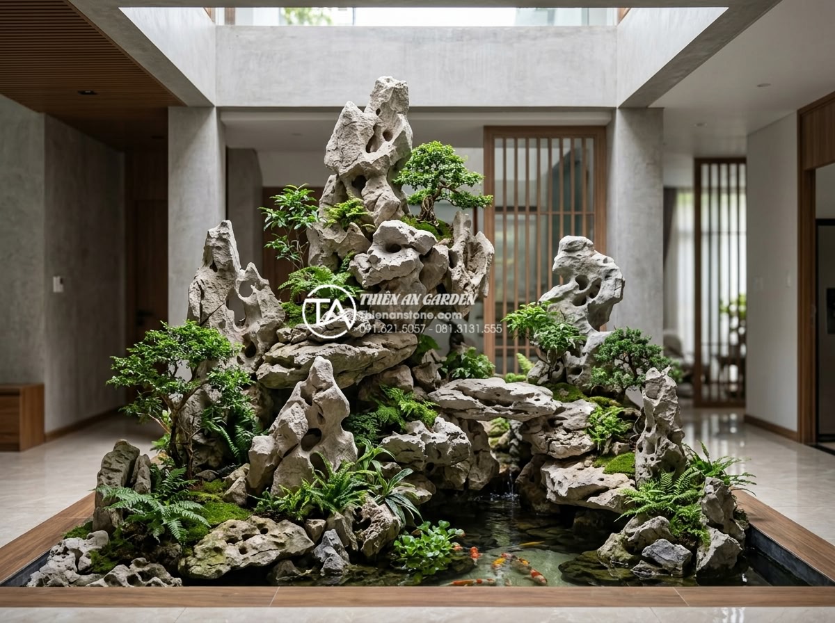 Tư vấn vị trí đặt tiểu cảnh giếng trời trước nhà và giữa nhà chuẩn phong thủy - Hình 10 Tư vấn vị trí đặt tiểu cảnh giếng trời trước nhà và giữa nhà chuẩn phong thủy - Professionally designed front house miniature sky well with layered carved stone