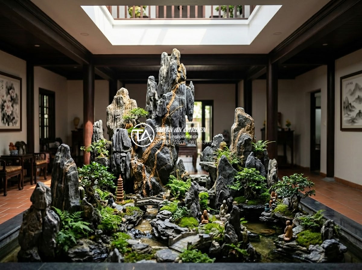 Tư vấn vị trí đặt tiểu cảnh giếng trời trước nhà và giữa nhà chuẩn phong thủy - Hình 11 Tư vấn vị trí đặt tiểu cảnh giếng trời trước nhà và giữa nhà chuẩn phong thủy - Central sky well miniature garden in the heart of a two-story villa with natural