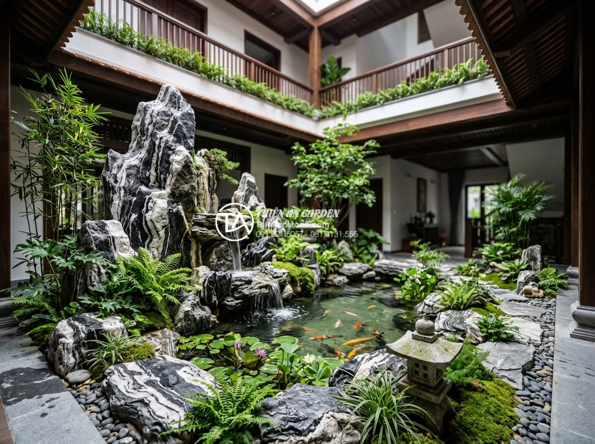 Tư vấn vị trí đặt tiểu cảnh giếng trời trước nhà và giữa nhà chuẩn phong thủy - Hình 12 Tư vấn vị trí đặt tiểu cảnh giếng trời trước nhà và giữa nhà chuẩn phong thủy - Luxurious middle house sky well landscape featuring high-quality stone art and w