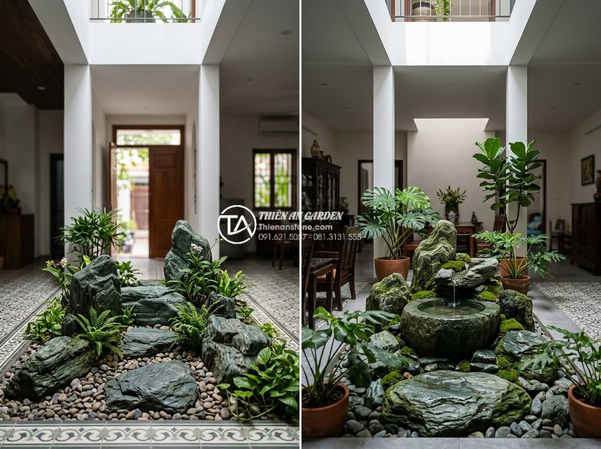Tư vấn vị trí đặt tiểu cảnh giếng trời trước nhà và giữa nhà chuẩn phong thủy - Hình 13 Tư vấn vị trí đặt tiểu cảnh giếng trời trước nhà và giữa nhà chuẩn phong thủy - Side-by-side comparison visualization of front versus central sky well stone lan