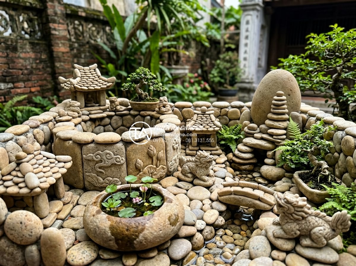 Tư vấn vị trí đặt tiểu cảnh giếng trời trước nhà và giữa nhà chuẩn phong thủy - Hình 15 Tư vấn vị trí đặt tiểu cảnh giếng trời trước nhà và giữa nhà chuẩn phong thủy - Exquisite hand-carved natural stone details integrated into sky well miniature s