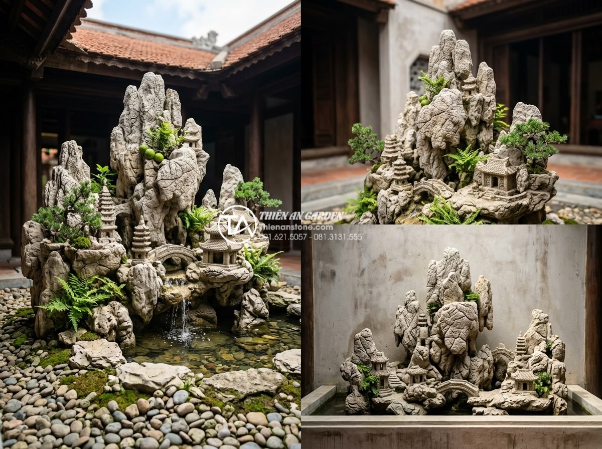 Tư vấn vị trí đặt tiểu cảnh giếng trời trước nhà và giữa nhà chuẩn phong thủy - Hình 16 Tư vấn vị trí đặt tiểu cảnh giếng trời trước nhà và giữa nhà chuẩn phong thủy - Masterfully sculpted stone artworks used in both front and central sky well desi