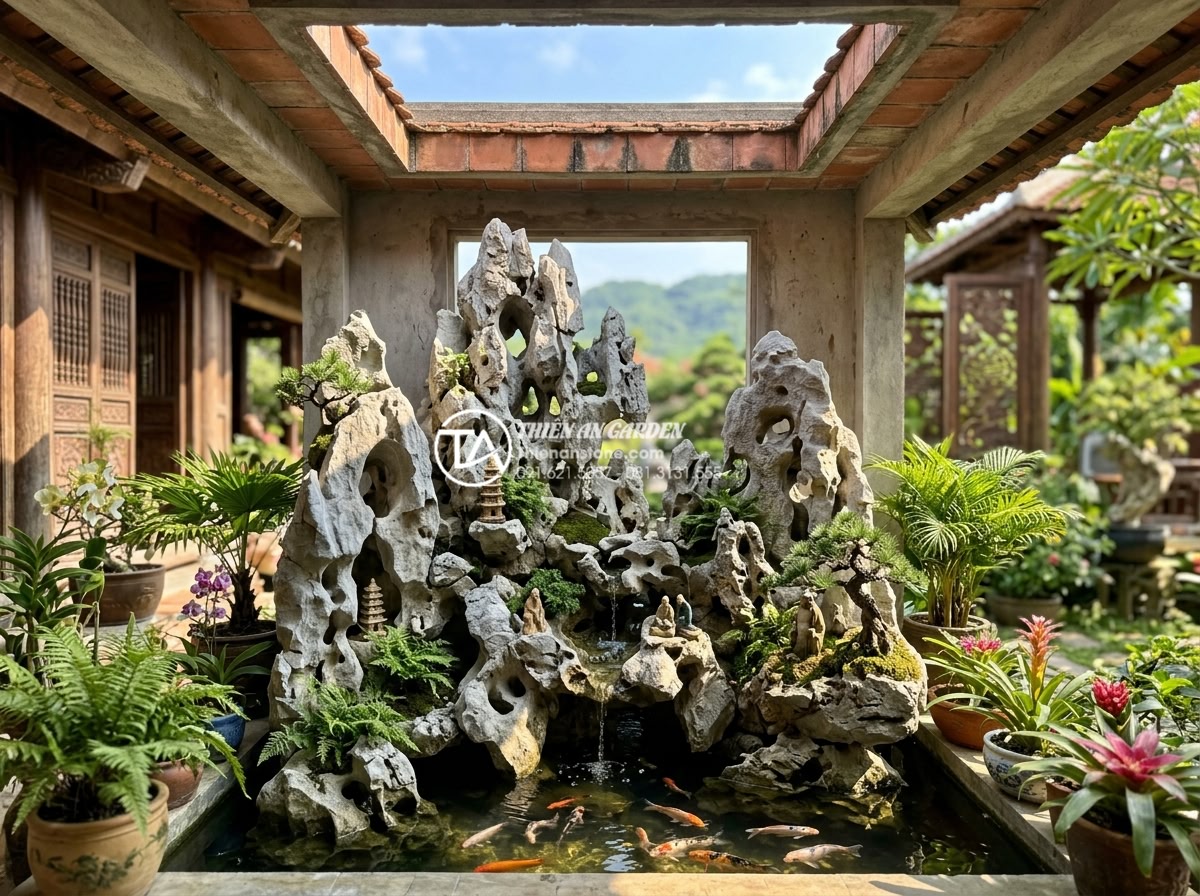 Tư vấn vị trí đặt tiểu cảnh giếng trời trước nhà và giữa nhà chuẩn phong thủy - Hình 17 Tư vấn vị trí đặt tiểu cảnh giếng trời trước nhà và giữa nhà chuẩn phong thủy - Sky well miniature with integrated Koi pond and miniature rockery using natural