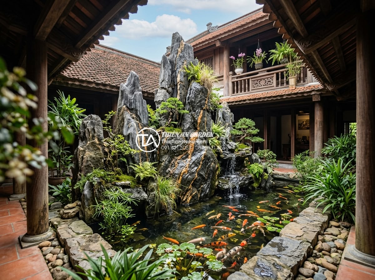 Tư vấn vị trí đặt tiểu cảnh giếng trời trước nhà và giữa nhà chuẩn phong thủy - Hình 18 Tư vấn vị trí đặt tiểu cảnh giếng trời trước nhà và giữa nhà chuẩn phong thủy - Beautiful fusion of sky well, Koi fish pond and stone rockery for ultimate Feng