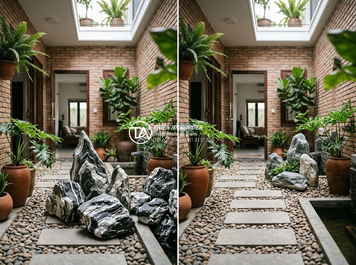 Tư vấn vị trí đặt tiểu cảnh giếng trời trước nhà và giữa nhà chuẩn phong thủy - Hình 19 Tư vấn vị trí đặt tiểu cảnh giếng trời trước nhà và giữa nhà chuẩn phong thủy - Common mistakes in sky well stone placement with before and after correction exa