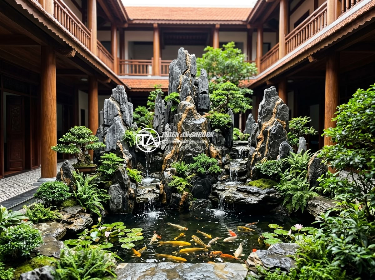 Tư vấn vị trí đặt tiểu cảnh giếng trời trước nhà và giữa nhà chuẩn phong thủy - Hình 4 Tư vấn vị trí đặt tiểu cảnh giếng trời trước nhà và giữa nhà chuẩn phong thủy - Harmonious central atrium sky well landscape using premium carved stones, miniat