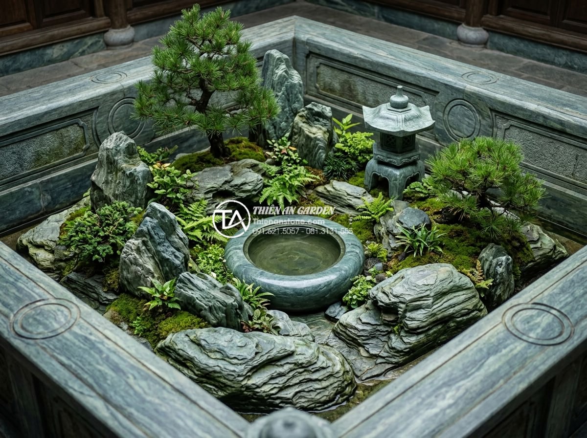 Tư vấn vị trí đặt tiểu cảnh giếng trời trước nhà và giữa nhà chuẩn phong thủy - Hình 6 Tư vấn vị trí đặt tiểu cảnh giếng trời trước nhà và giữa nhà chuẩn phong thủy - Balanced five elements layout in a stone-carved sky well miniature garden demons