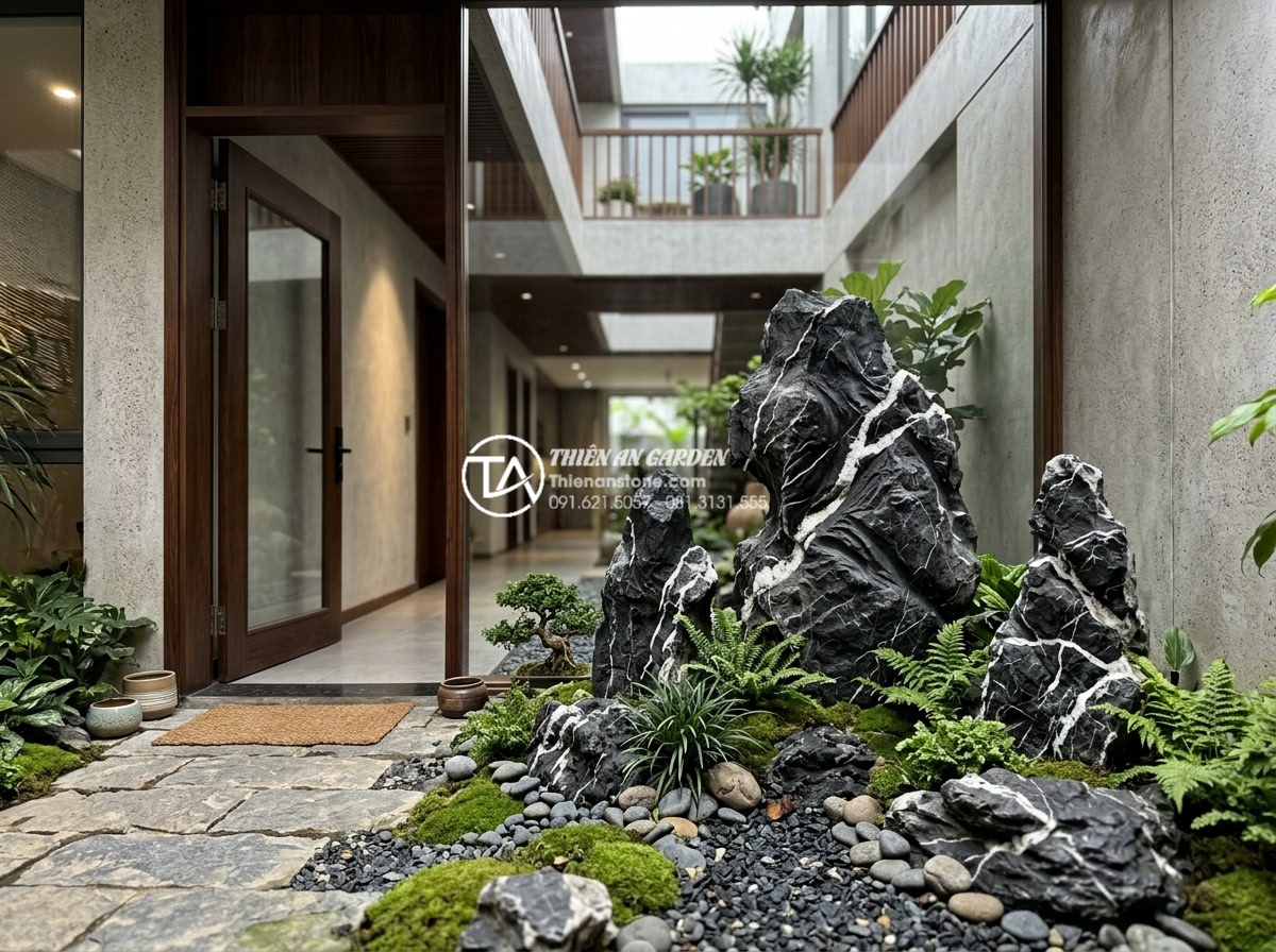 Tư vấn vị trí đặt tiểu cảnh giếng trời trước nhà và giữa nhà chuẩn phong thủy - Hình 7 Tư vấn vị trí đặt tiểu cảnh giếng trời trước nhà và giữa nhà chuẩn phong thủy - Optimal front house sky well miniature landscape with natural stones positioned