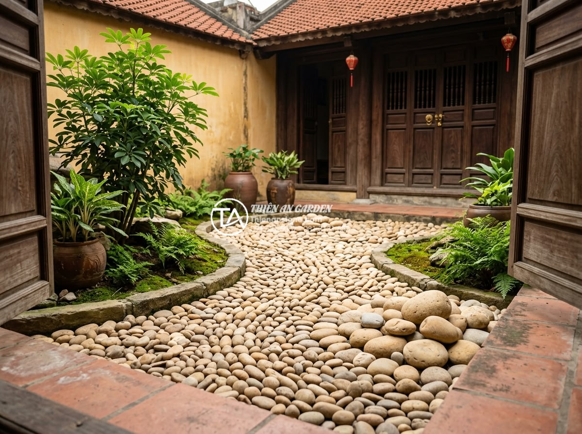 Tư vấn vị trí đặt tiểu cảnh giếng trời trước nhà và giữa nhà chuẩn phong thủy - Hình 8 Tư vấn vị trí đặt tiểu cảnh giếng trời trước nhà và giữa nhà chuẩn phong thủy - Detailed view of ideal front yard sky well stone arrangement tailored to South-f