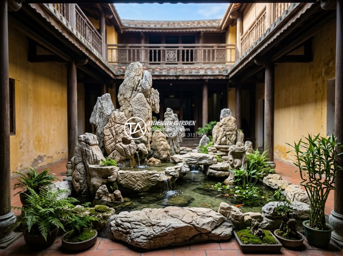 Tư vấn vị trí đặt tiểu cảnh giếng trời trước nhà và giữa nhà chuẩn phong thủy - Hình 9 Tư vấn vị trí đặt tiểu cảnh giếng trời trước nhà và giữa nhà chuẩn phong thủy - Artistic design of front sky well using premium natural stone sculptures and gen