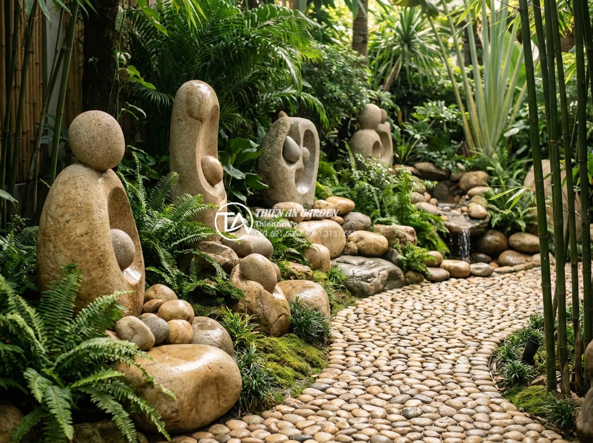 Ứng dụng đá điêu khắc và tượng đá trong tiểu cảnh góc sân nghệ thuật - A serene artistic garden corner featuring intricate carved stone sculptures and