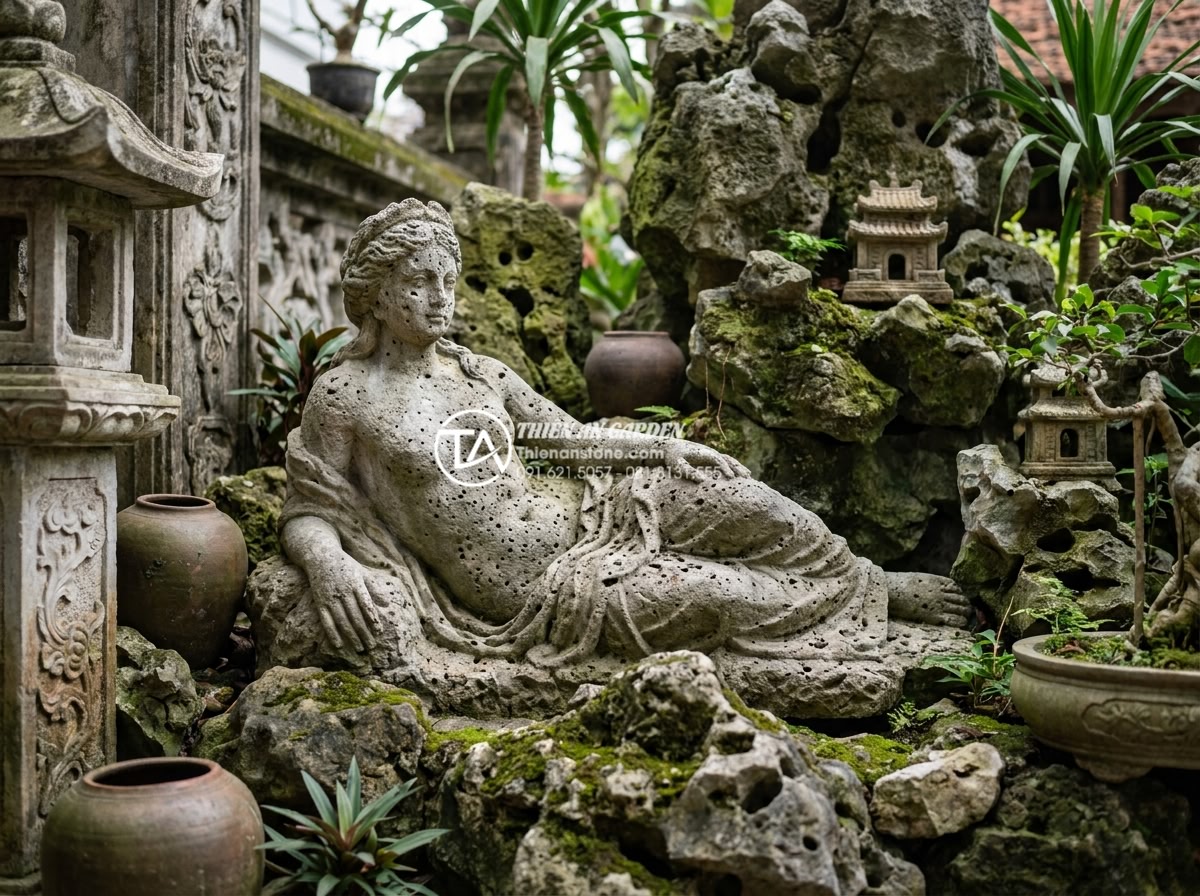 Ứng dụng đá điêu khắc và tượng đá trong tiểu cảnh góc sân nghệ thuật - Hình 10 Ứng dụng đá điêu khắc và tượng đá trong tiểu cảnh góc sân nghệ thuật - Classical style stone statue in garden corner surrounded by traditional Vietname
