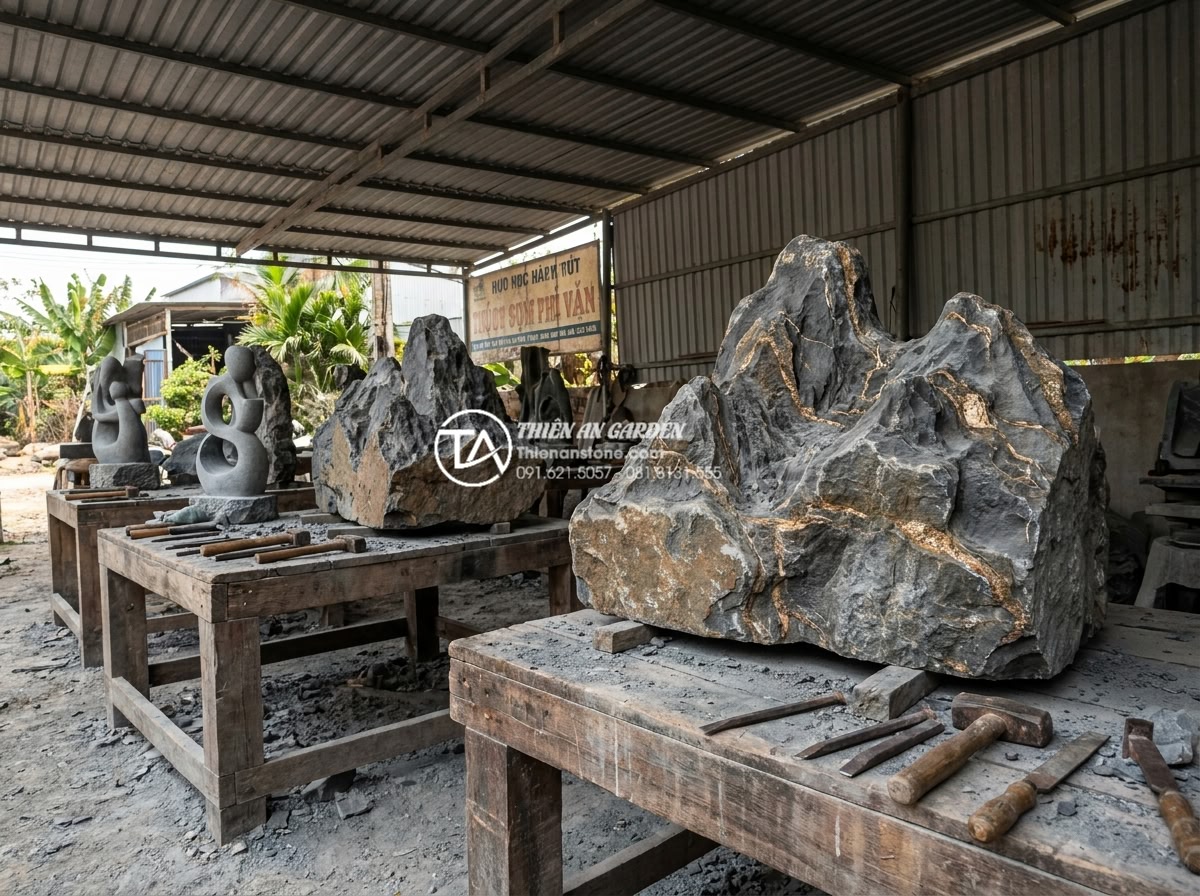 Ứng dụng đá điêu khắc và tượng đá trong tiểu cảnh góc sân nghệ thuật - Hình 11 Ứng dụng đá điêu khắc và tượng đá trong tiểu cảnh góc sân nghệ thuật - Professional stone carving workshop showing artisans using tools on large blocks