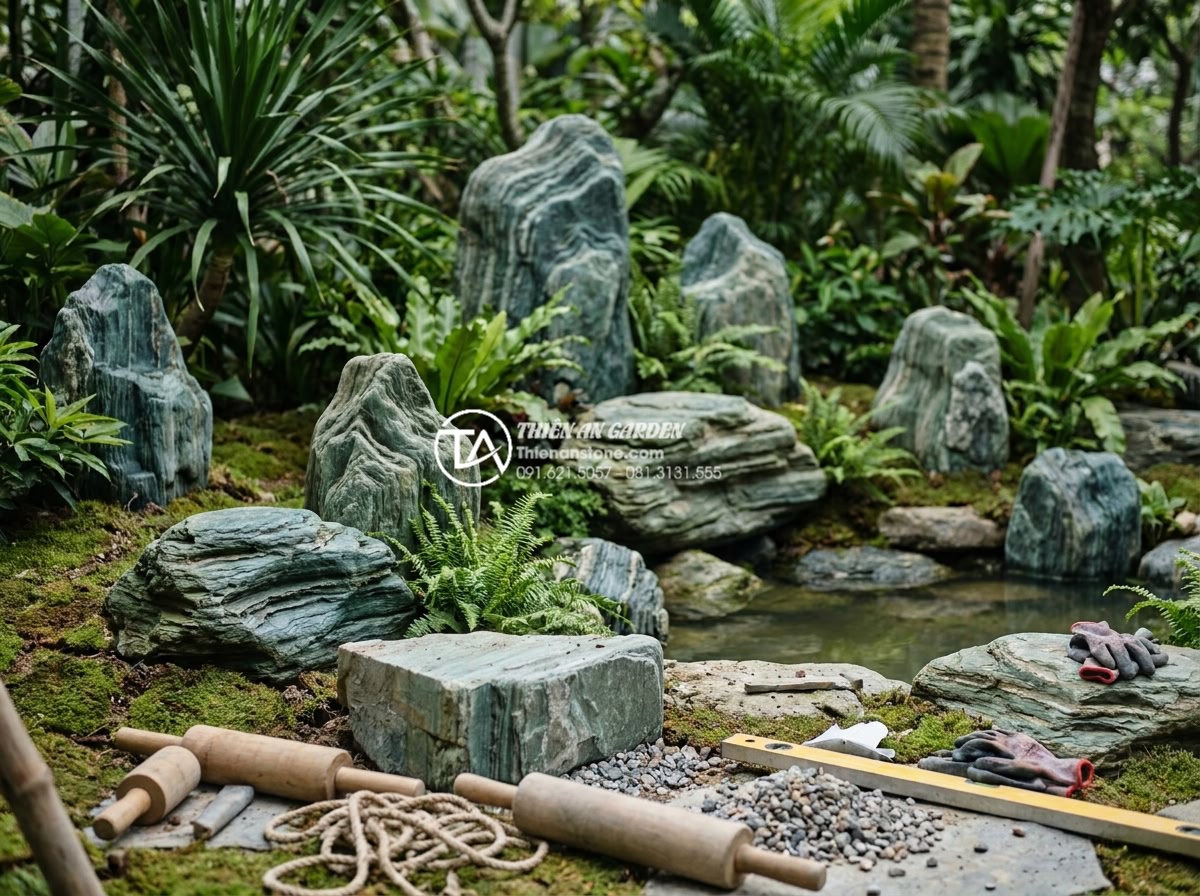 Ứng dụng đá điêu khắc và tượng đá trong tiểu cảnh góc sân nghệ thuật - Hình 20 Ứng dụng đá điêu khắc và tượng đá trong tiểu cảnh góc sân nghệ thuật - Professional installation team working on stone statue placement in an artistic