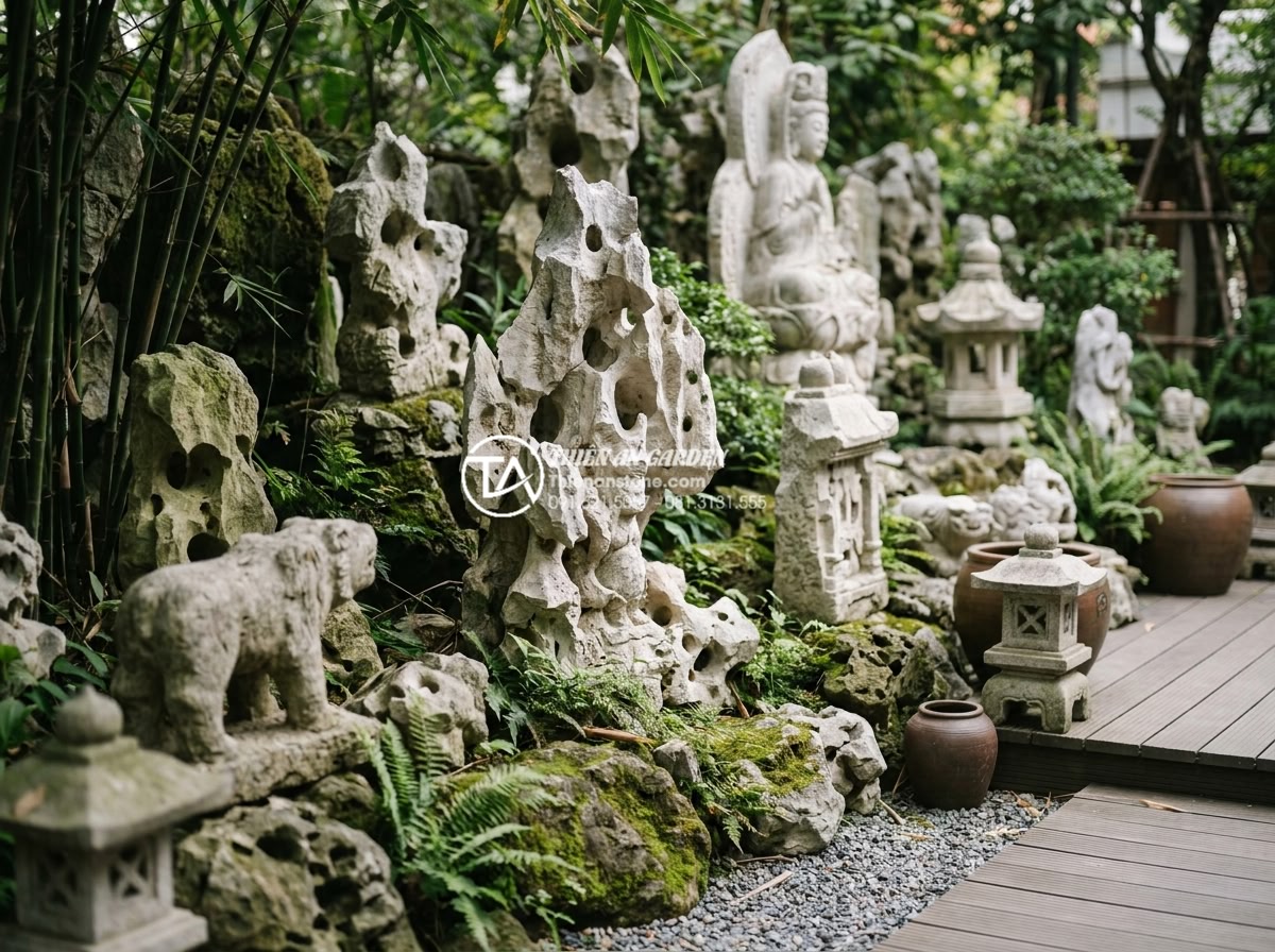 Ứng dụng đá điêu khắc và tượng đá trong tiểu cảnh góc sân nghệ thuật - Hình 3 Ứng dụng đá điêu khắc và tượng đá trong tiểu cảnh góc sân nghệ thuật - Historical Vietnamese stone carvings from ancient dynasties displayed in an arti