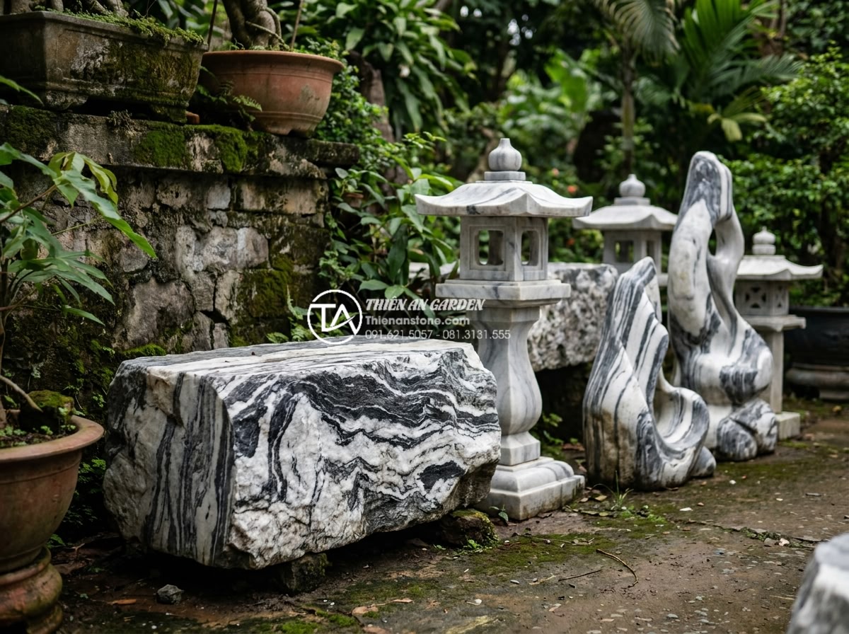 Ứng dụng đá điêu khắc và tượng đá trong tiểu cảnh góc sân nghệ thuật - Hình 5 Ứng dụng đá điêu khắc và tượng đá trong tiểu cảnh góc sân nghệ thuật - Various natural stone types including granite, marble, and basalt displayed as r