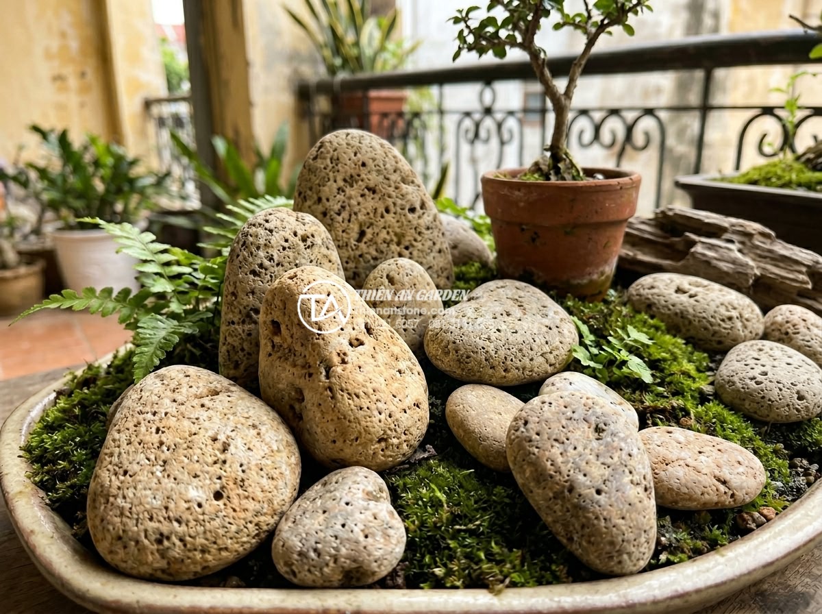 Ứng dụng đá thấm thủy trong thiết kế tiểu cảnh ban công nghệ thuật - Close-up view of porous water-permeable natural stone with visible tiny holes an
