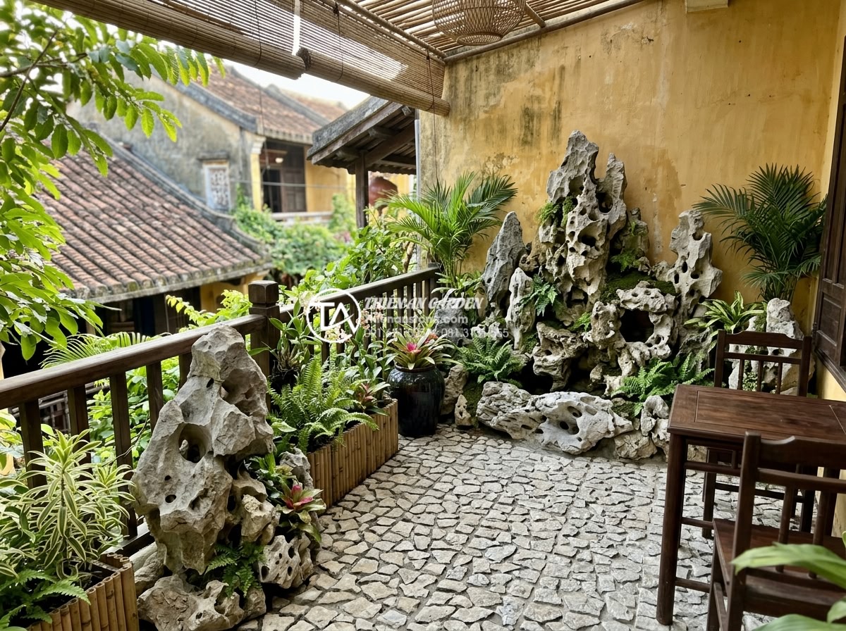 Ứng dụng đá thấm thủy trong thiết kế tiểu cảnh ban công nghệ thuật - Completed design blueprint for artistic balcony with water permeable stone eleme