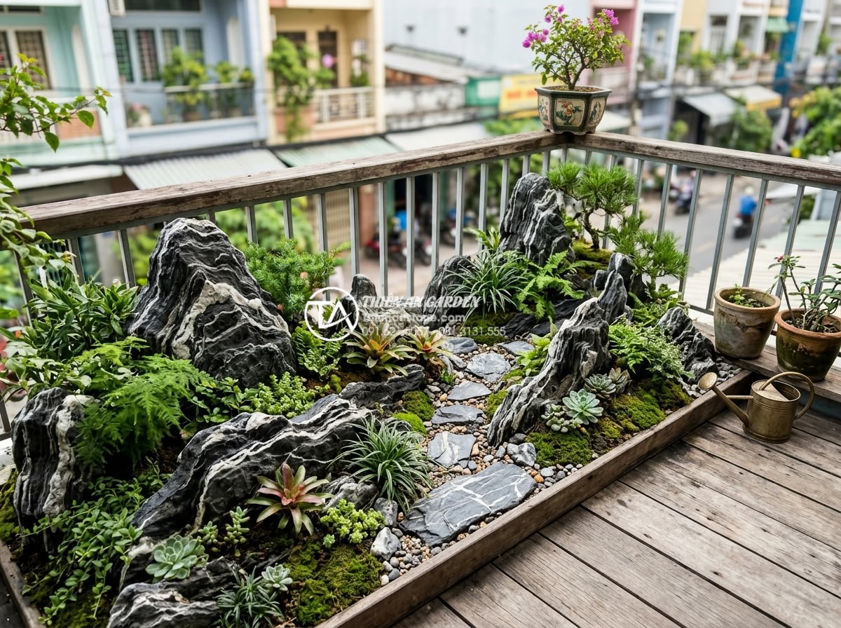 Ứng dụng đá thấm thủy trong thiết kế tiểu cảnh ban công nghệ thuật - Finished professional installation of water permeable stone miniature landscape 