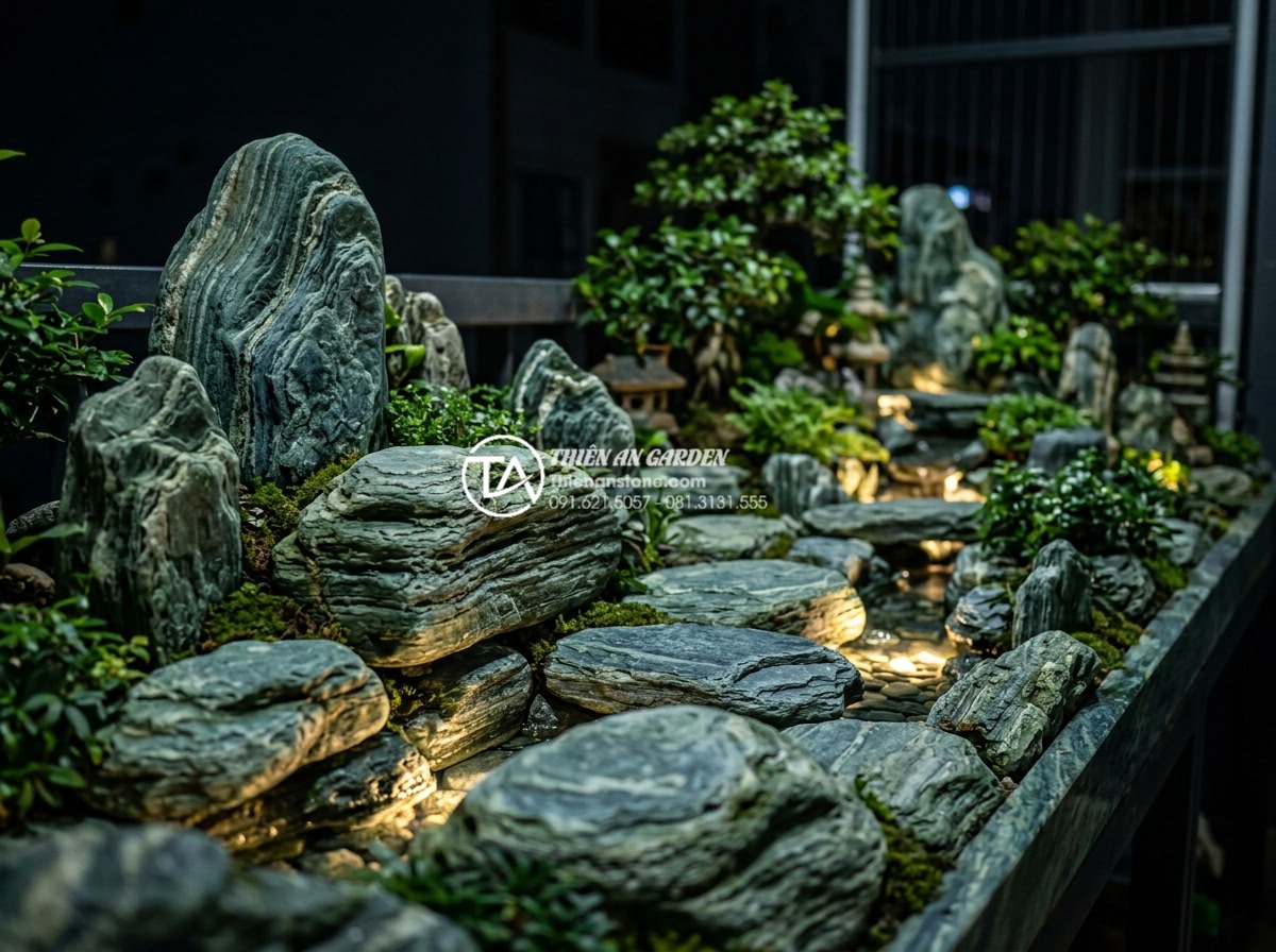Ứng dụng đá thấm thủy trong thiết kế tiểu cảnh ban công nghệ thuật - Night view of illuminated balcony miniature landscape with water permeable stone