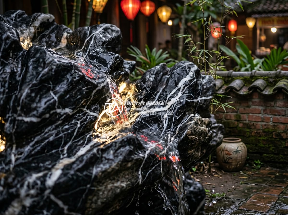 Ứng dụng đá thấm thủy trong thiết kế tiểu cảnh ban công nghệ thuật - Close-up of water absorbing stones with embedded LED lights highlighting texture