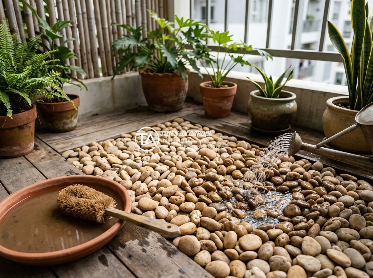Ứng dụng đá thấm thủy trong thiết kế tiểu cảnh ban công nghệ thuật - Maintenance process showing cleaning and caring for water permeable stones in ba