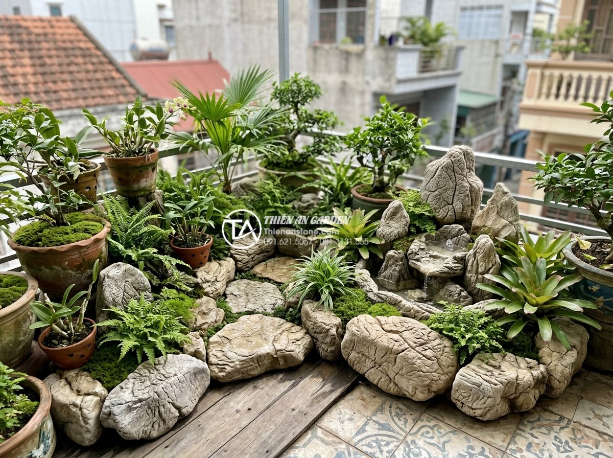 Ứng dụng đá thấm thủy trong thiết kế tiểu cảnh ban công nghệ thuật - Long-term maintained artistic balcony landscape with pristine water absorbing st