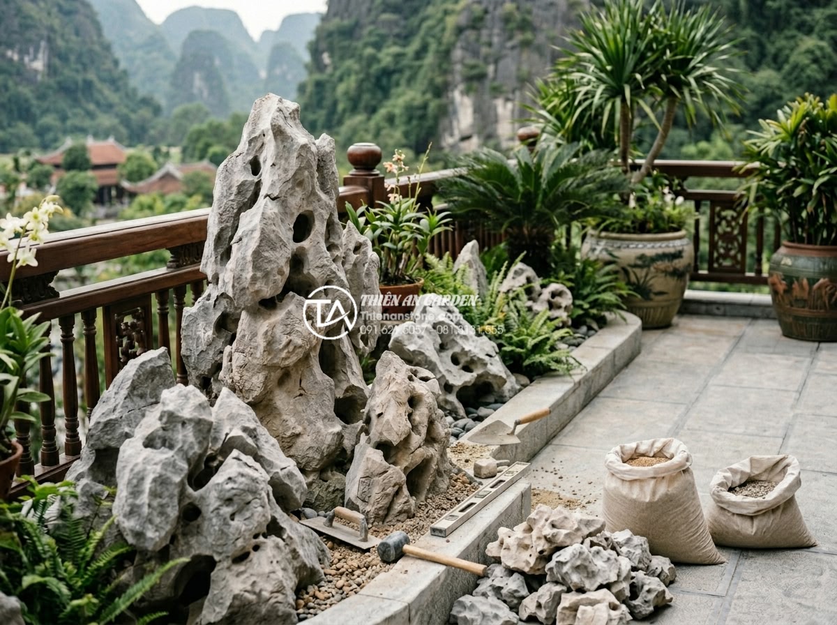 Ứng dụng đá thấm thủy trong thiết kế tiểu cảnh ban công nghệ thuật - Professional team from stone company installing high-quality water permeable sto