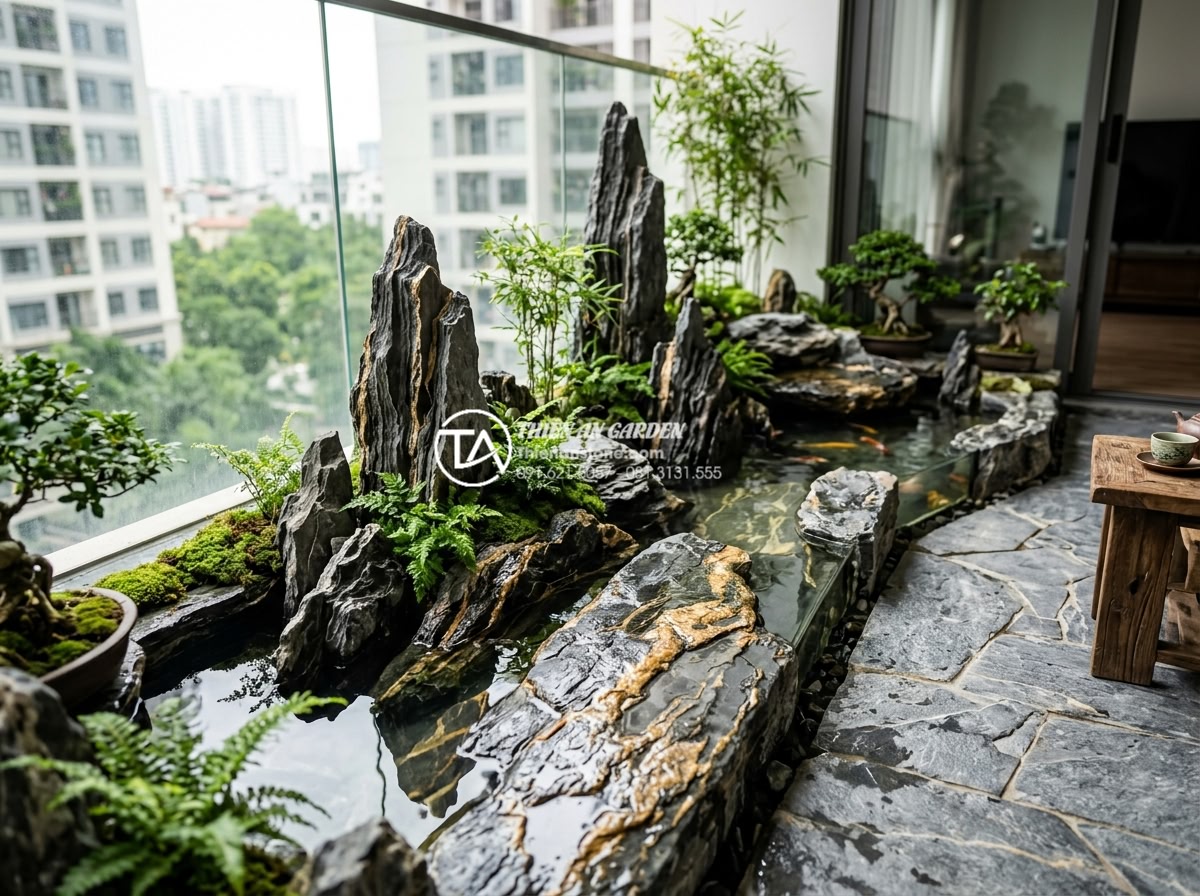 Ứng dụng đá thấm thủy trong thiết kế tiểu cảnh ban công nghệ thuật - Completed luxury balcony project by stone specialist featuring extensive water a