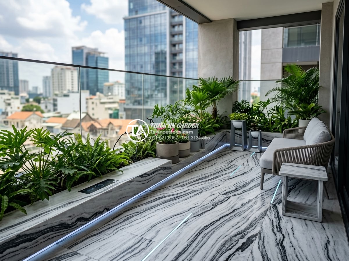Ứng dụng đá thấm thủy trong thiết kế tiểu cảnh ban công nghệ thuật - Futuristic balcony design trend with smart water permeable stones integrated wit