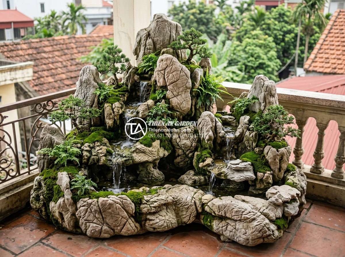 Ứng dụng đá thấm thủy trong thiết kế tiểu cảnh ban công nghệ thuật - Wide angle of artistic balcony rockery using water absorbing stones with small w
