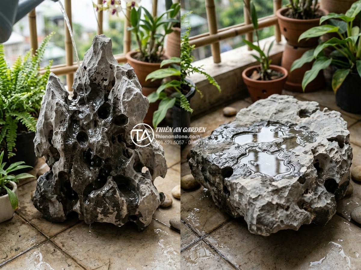 Ứng dụng đá thấm thủy trong thiết kế tiểu cảnh ban công nghệ thuật - Comparison image showing water permeable stone absorbing water versus regular st