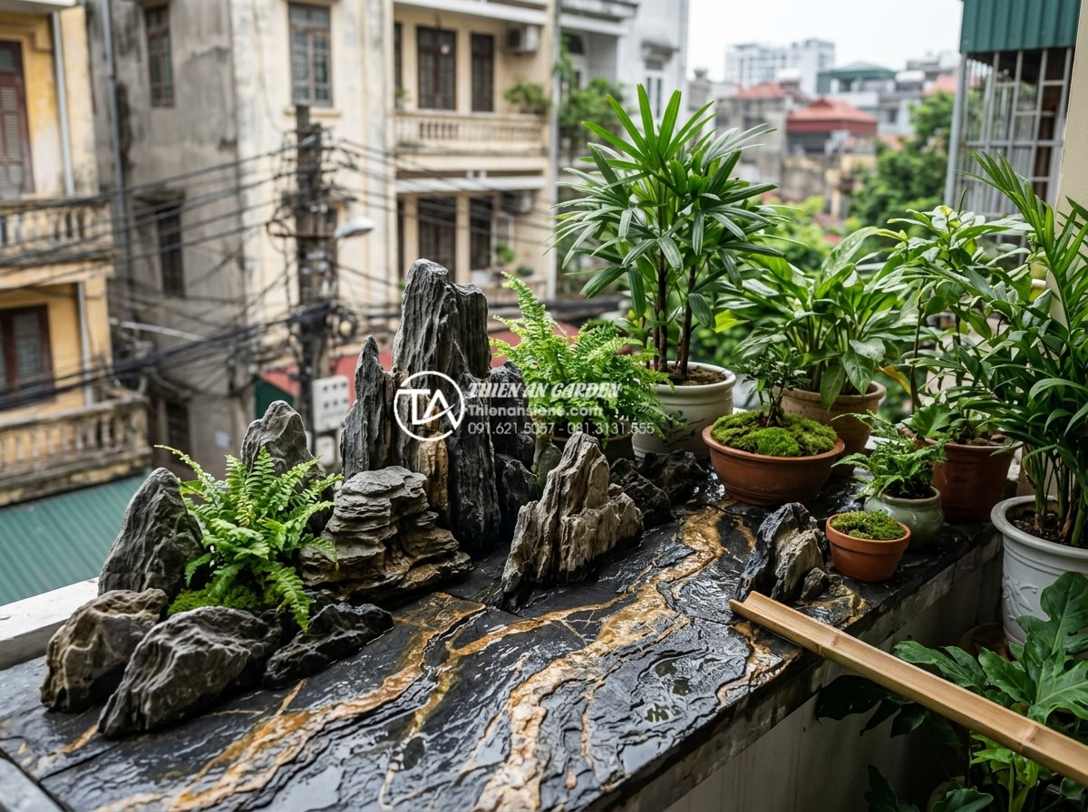 Ứng dụng đá thấm thủy trong thiết kế tiểu cảnh ban công nghệ thuật - Detailed artistic balcony scene highlighting advantages of water absorbing stone