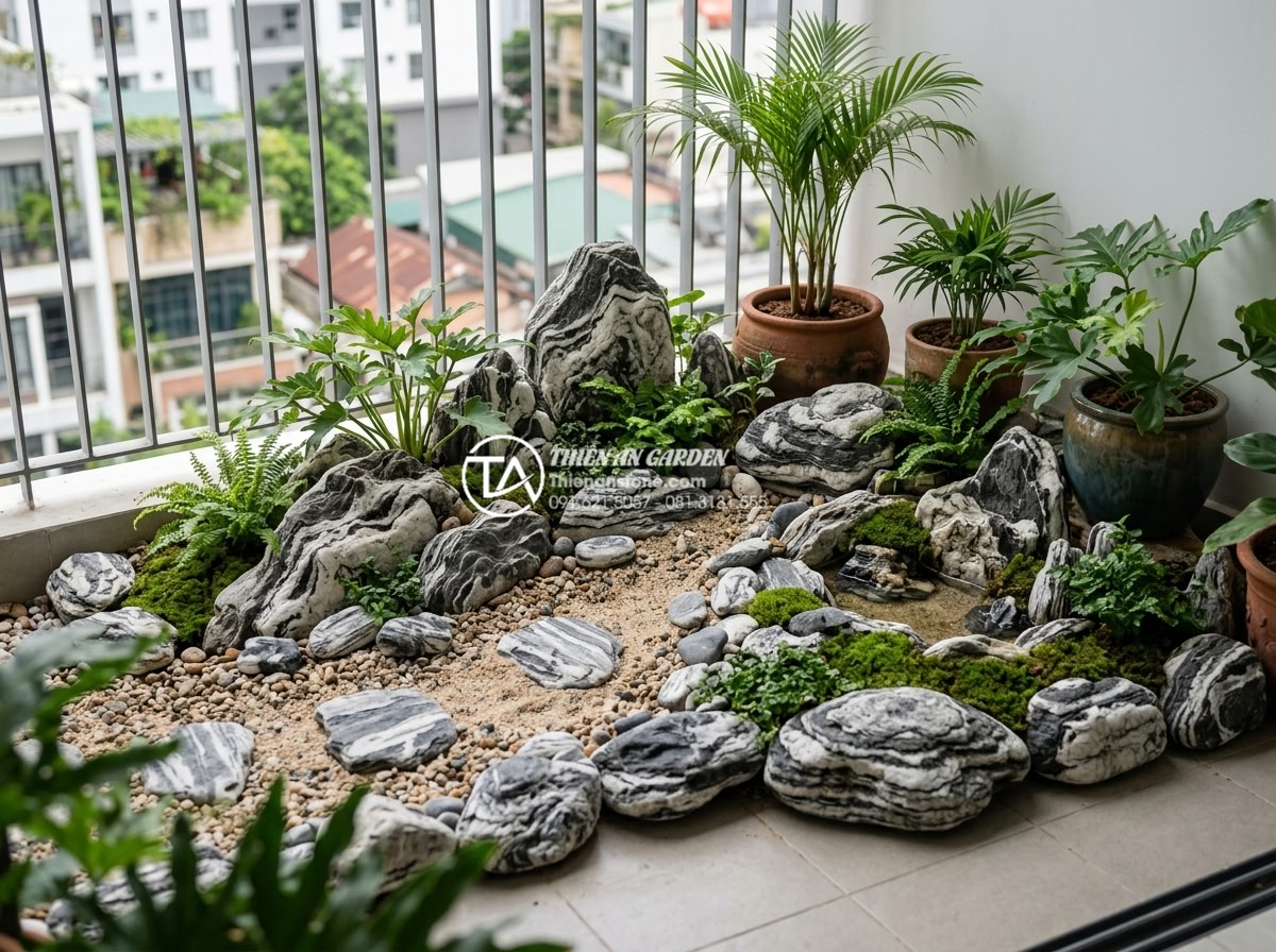 Ứng dụng đá thấm thủy trong thiết kế tiểu cảnh ban công nghệ thuật - Various types of water permeable stones including basalt and pumice arranged for